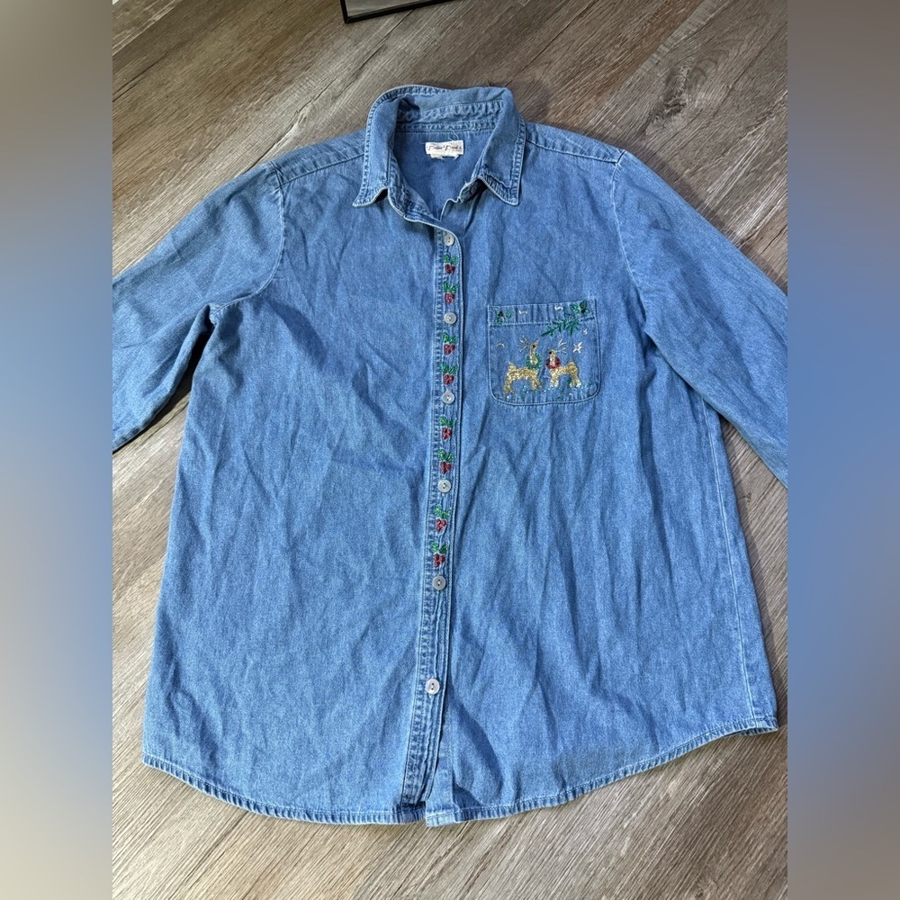 VTG Bobbie Brooks Denim Button-Up Shirt Christmas Embroidery Reindeer Sparkle L - Picture 2 of 7